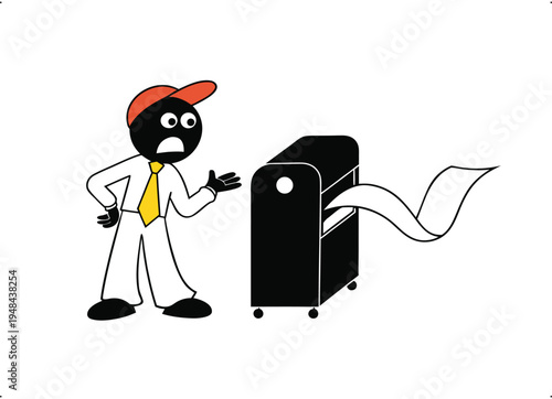 Frustrated Cartoon Worker Gesturing at Paper Shredder isolated on transparent background