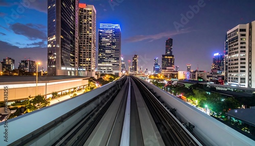 City skyline at night, elevated train tracks