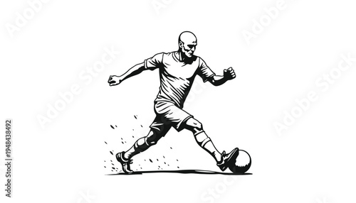Stylized soccer player kicking ball in black and white