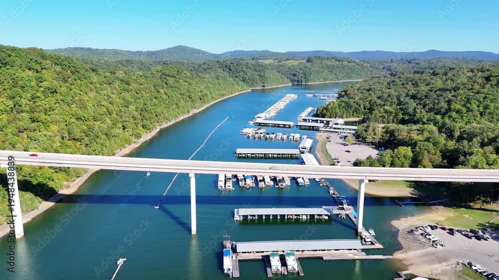 custom made wallpaper toronto digitalAerial View of the Lakeside Sunset Marina Resort on Dale Hollow Lake With Highway 111 Bridge, Boats and Forested Shoreline, Calm Water on a Sunny Day, Monroe, Tennessee, USA.