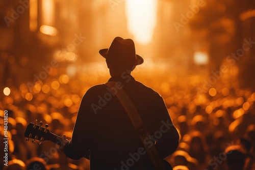 Summer evening street musician silhouette with hat and guitar facing crowd in warm golden orange light
