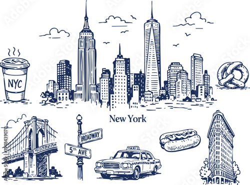 Photography New York City Skyline Doodle Vector Set, NYC Landmarks and Icons Line Art Illust