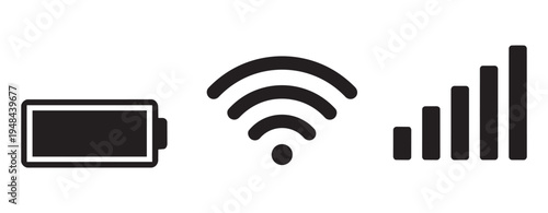 Vector black icons for smartphone interface, network connectivity and power status.