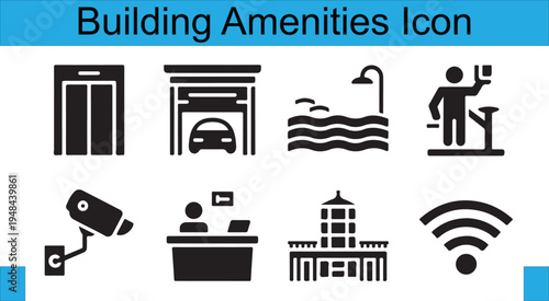 Property Amenities Icons Featuring Elevators Garages Pools and Security Systems