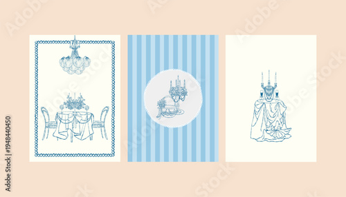A set of vintage postcard templates featuring a romantic dinner. Candles, bows, a chandelier, shells, and nautical-themed decor. Line art vector illustrations for weddings, holidays, and coastal