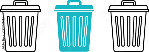 Trash can icon set, outline and solid vector illustration of garbage bins with lids for waste management, cleaning, and sanitation.