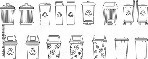 Waste bin and recycle garbage can icon set, outline vector illustration of trash containers with floral patterns and recycling symbols.