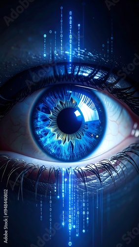Close-up of a vibrant blue eye with digital overlays