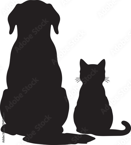 Black silhouettes of a dog and a cat sitting on vector illustration