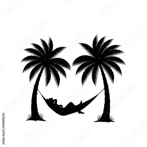 Person Relaxing in Hammock Between Palms.