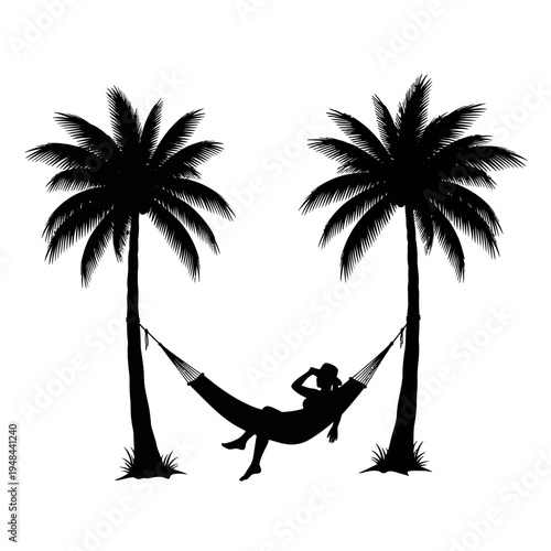 Person Relaxing in Hammock Between Palms.