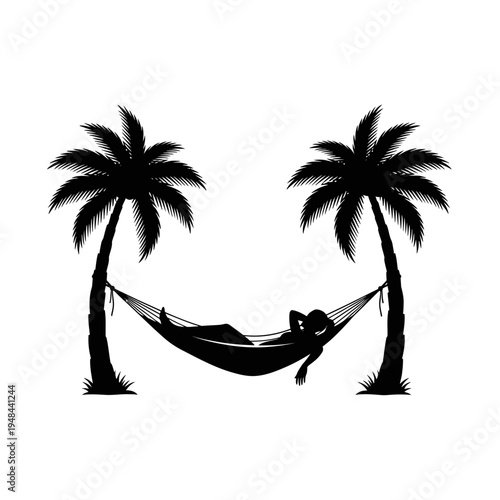 Person Relaxing in Hammock Between Palms.