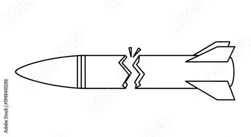 Black and white illustration of a broken or fractured missile with fins