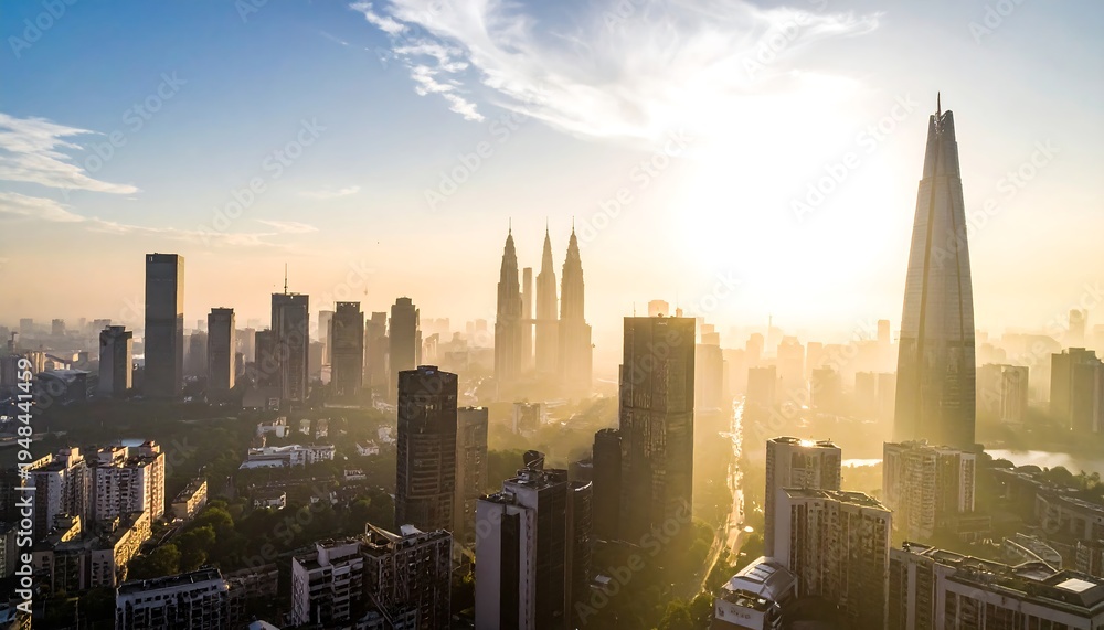 Fototapeta premium City skyline at sunrise, hazy atmosphere