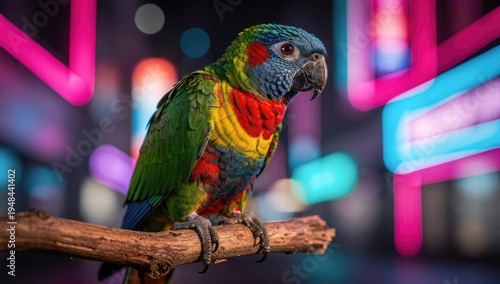 Photorealistic Close-up Portrait of a Scarlet Macaw Parrot on a Wooden Branch in a Cyberpunk City Night with Neon Signs