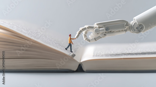 Tiny person miniature walking on open book guided by a robotic arm, symbolizing advanced technology assisting human learning and future education evolution