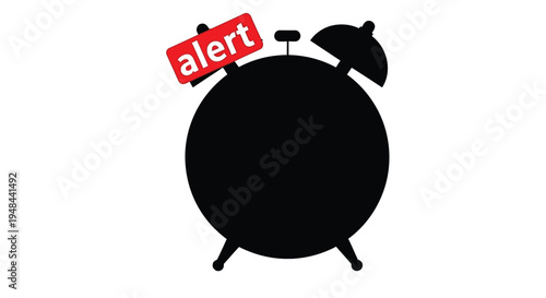 A black alarm clock with a red alert sign above it on a white background