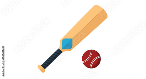A colorful illustration depicting a cricket bat and a red cricket ball