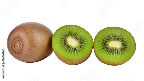 Bilde på lerret Fresh whole and sliced kiwi fruit, vibrant green flesh with black seeds, isolate