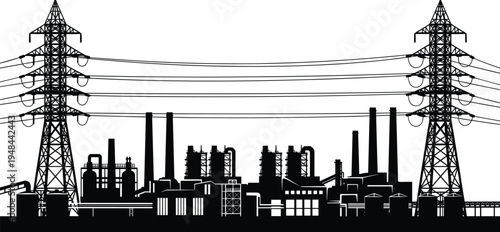 Industrial factory silhouette featuring high voltage power lines, electric pylons, smoking chimneys, and manufacturing plant buildings for energy and engineering concepts