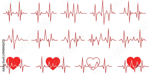 Red Heartbeat Pulse Line Set with EKG ECG Waves and Heart Icons for Medical Health Monitoring and Cardiac Diagnostic Design Concepts