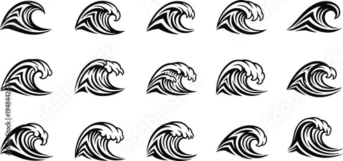 Collection of fifteen black and white tribal ocean wave icons, featuring stylized sea ripples and surf splashes for nautical tattoo designs