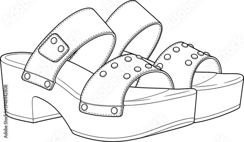 Women's platform clog sandals cad drawing flat vector illustration, outline fashion sketch of studded summer footwear for apparel design, clothing.