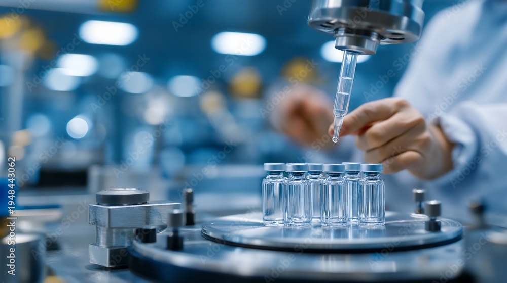 Naklejka premium Pharmaceutical clean room technician filling transparent medicine vials on automated production line, precision dosing equipment in sterile white environment, ideal for drug manufacturing keywords,
