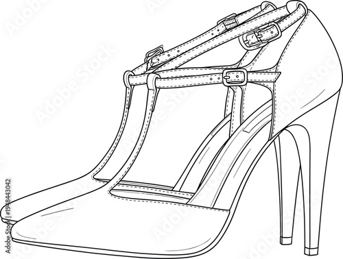 Women's T-strap high heel pump shoes cad drawing flat vector illustration, outline fashion sketch of stiletto footwear for apparel design.