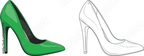 Technical fashion sketch of women's green high heel pumps with pointed toe and black white outline for footwear design, cad drawing flat vector illustration