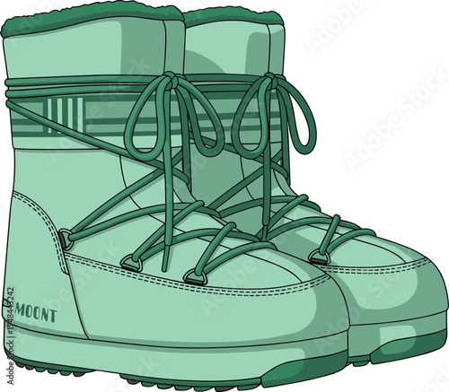 Green winter snow boots CAD drawing flat vector illustration with laces and fur trim for seasonal fashion or outdoor footwear