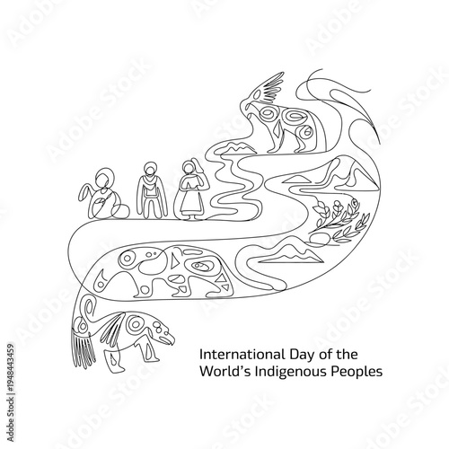 International day of the worlds indigenous peoples with ethnic tribal line art