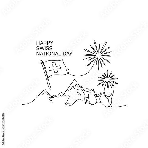 Continuous line drawing of swiss national day celebration with flag, fireworks