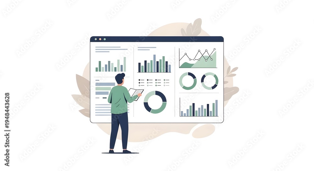 Obraz premium Business Professional Presenting Data Trends on a Whiteboard, Flat Art Illustration