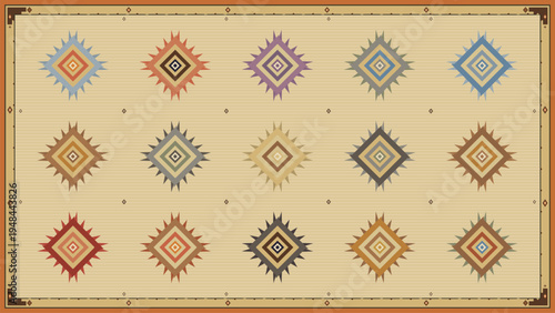 Pattern background with traditional geometric tribal southwest motifs repeating diamond shapes in earth tones beige brown red blue purple for textile design interior decoration wallpaper cultural heri