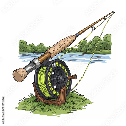 Fly fishing rod and reel with green line on grass with river and forest background illustration