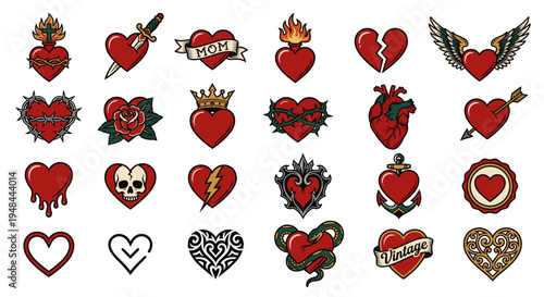 Collection of detailed heart illustrations, each with unique designs and embellishments.
