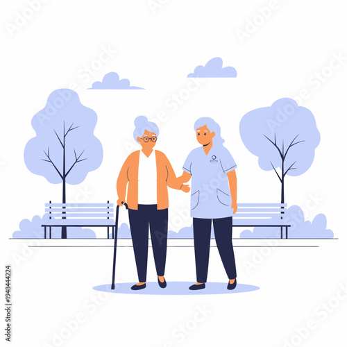 Elderly Woman with Cane Being Assisted by a Friendly Caregiver Nurse in an Outdoor Park