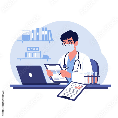 Doctor Wearing Mask and Glasses Reviewing Medical Test Results on Clipboard in Modern Clinic