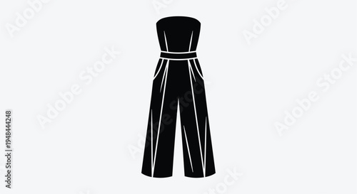 Fashionable black strapless wide-leg jumpsuit, complete with a stylish belted waist, perfect for a chic and elegant look suitable for evening events.