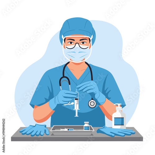 Healthcare Worker Preparing Medical Syringe with Vaccine Vial and Sanitizer