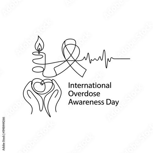 International overdose awareness day continuous line art candle and heart concept