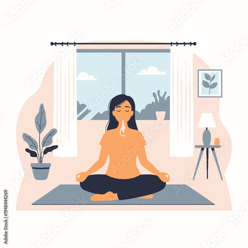 Meditation Woman Practices Mindful Breathing at Home in a Serene Indoor Setting for Inner Peace