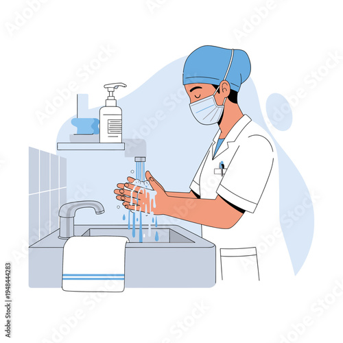 Healthcare Worker Washing Hands Thoroughly at a Sink Wearing Scrubs and Mask to Maintain Hygiene