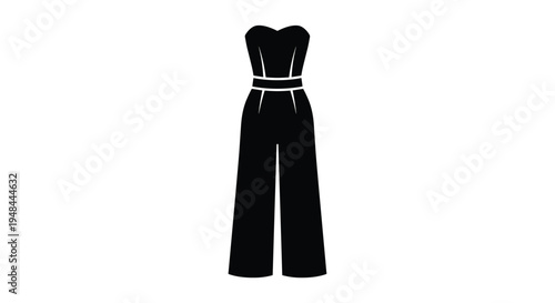 Fashionable black strapless wide-leg jumpsuit, complete with a stylish belted waist, perfect for a chic and elegant look suitable for evening events.