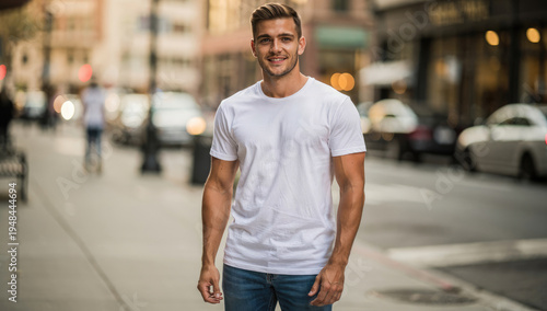 Young Handsome Man Wearing Blank White T-Shirt and Jeans Standing on an Old European Street with Copyspace for Mockup and Design