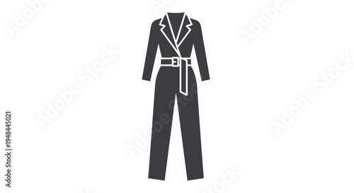 Elegant dark grey jumpsuit, tailored with a professional style featuring a belted waist and classic lapels, suitable for sophisticated occasions.