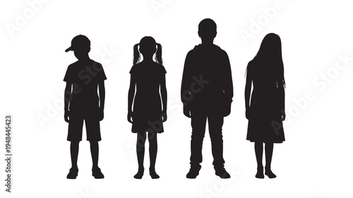 Children's silhouettes in black, showing a boy with a cap, a girl with pigtails, a teenage boy, and a girl with long hair.