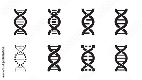 DNA strand icon set with black simple geometric shapes on white background for genetic research and medical illustration