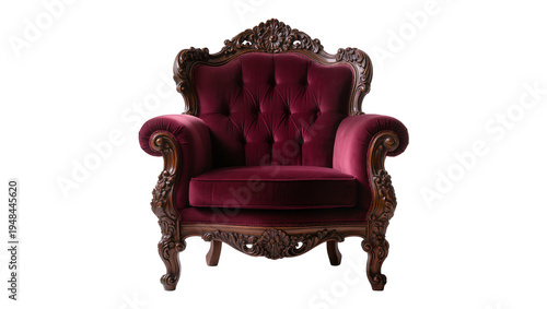 Photos Luxurious antique red velvet armchair with ornate dark carved wooden frame, isol